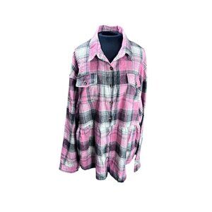 Womens Pink & Gray Plaid Button-Up Long Sleeve Flannel Shirt